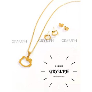 [GRYU.PH] HELLO KITTY S3 2in1 SET STAINLESS STEEL GOLD NECKLACE and EARRINGS HYPO-ALLEGINIC JEWELRY