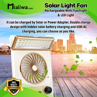 Solar Light Fan Rechargeable LED Light Lamp, Solar Panel, & AC Charger With Flashlight Torch Light