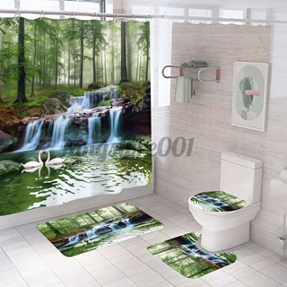 Kingstore 1 / 3 / 4Pcs Waterfall Swan Waterproof Shower Curtain Bathroom Set Toilet Seat Pad