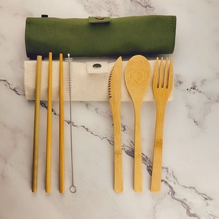 [BEST QUALITY] 6pcs Eco Friendly Bamboo Cutlery Travel Set with Pouch (1)