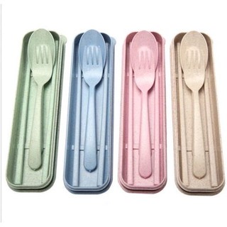 cod 3pcs Portable Spoon Fork Chopsticks Reusable Wheat Straw Travel Tableware Set (1)