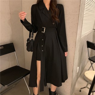 Tesco Spring and Autumn Clothing2021New Black Suit Collar Design Sense Niche Dress Waist Slimming El