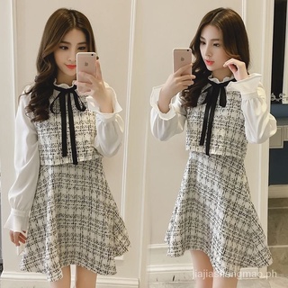 Small Bow Slimming Dress New Spring and Autumn2021Suit New Chanel-Style2021Korean Style False Two-Piece Long Sleeve