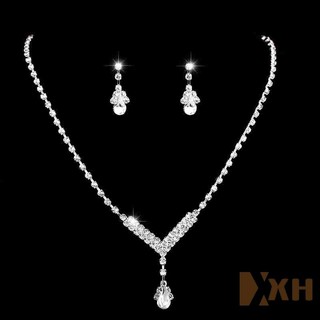 2 PCS/Set Rhinestone Waterdrop Silver Wedding Silver Jewelry Set Claw Chain Earring Pendant Necklace