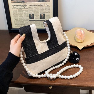 웃ざJoker ins small bag 2021 new bag women Summer niche pearl chain crossbody bag shoulder canvas bag