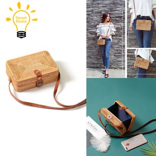 ╭◙╮INS new ladies hand-woven Satchel square rattan retro literary hand-woven leather buckle packag