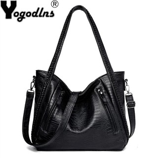 Yogodlns Women Casual Shoulder Bags Large Capacity Retro Crocodile Black Soft Pu Leather Lady Totes