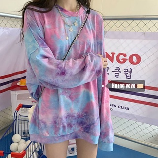 [Huangyoyo]Korean tie dye long sleeve tshirt for women thin fashion loose casual round neck top