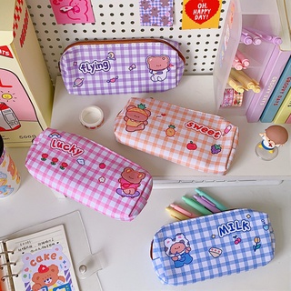 【July】Cartoon cute bear large capacity stationery box Portable and durable stationery storage bag Fashion sweet plaid stationery pencil case (2)