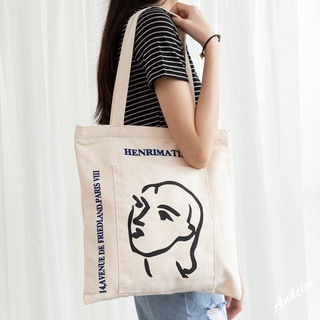 Korea Ins Head Print Canvas Tote Bag Woman Student Simple Fashion Casual Outer Pocket Shoulder Bag Handbag
