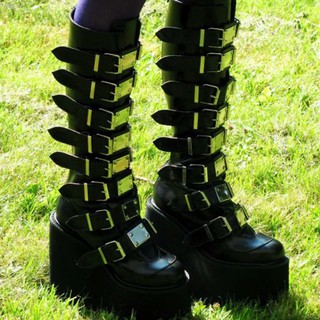 Spot goodsINS Black Women Platform High Heel Wedges Thick Heel Metal Buckle Mid Calf Boots Zipper Br