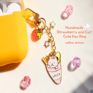Yellow dream/ Handmade strawberry and cat key chain/ Cute key ring/ Accessory/ Jewelry/ Korean design/ key chain/ key ring