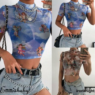 【BEST SELLER】 ♨RH-Women Sexy Angel Printed Short Sleeve See Through Mesh Fishnet Crop Top