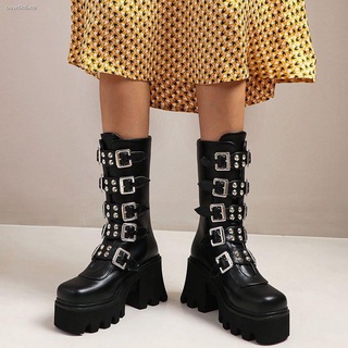 Spot goodsWinter Gothic Punk Womens Platform Boots Black Buckle Strap zipper Creeper Wedges Shoes Mi