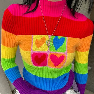 00sbaby retro 90s hot girl rainbow striped sweater millennium y2k slim slimming all-match knit base (1)