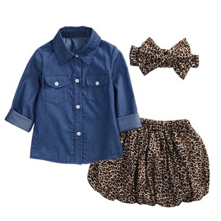 Summer Baby Girls Denim Shirts+Leopard Culotte Skirt+Cute Headband Clothing Set