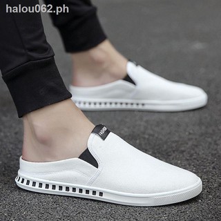 Hot sale▥Summer men s Korean canvas casual trend old Beijing cloth shoes breathable one-foot lazy white half-board shoes
