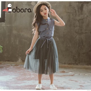 BOBORA Baby Girl Sleeveless T-shirt Blouse Long Mesh Skirts With Bowknot Design