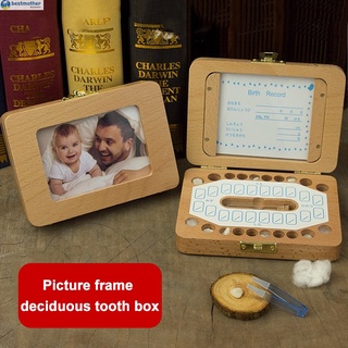 gift box♠❇∋Deciduous Tooth Box Wooden Baby Teeth Storage Case with Photo Slot Kids Keepsake Organize