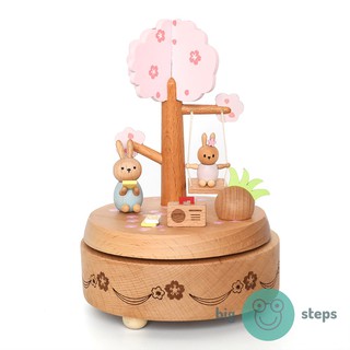 Musical gift box wood- Rabbit in swing. Christmas birthday christening wedding anniversary