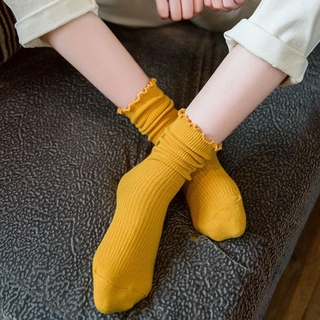 Womens Socks Ruffle Turn-Cuff Mid Cut Crew Socks All Season Soft Slouch Knit Cotton Socks Solid Color Lettuce Dress Sock