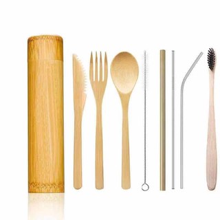 8Pcs Dinnerware Set Bamboo Cutlery Wooden Fork Spoon Straw Chopstick