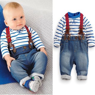 Kids Boy Striped Tops Tee +Jeans Pants Clothes Set