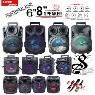 A-one 6" 8" LED Light Bluetooth Party Portable Speaker With USB/SD/BT/FM Free 1 Pcs MIC