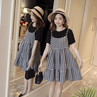 2 In 1 Jumper Skirt Checkered Dress Cotton Short Sleeves (8)