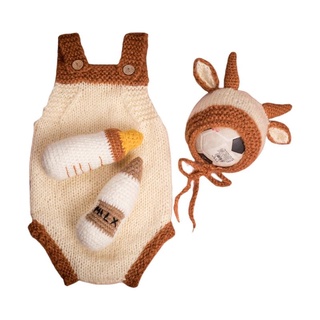 WIT Baby Crochet Milk Bottle Cute Calf Hat Bonnet Cap Knitted Stuffed Toy Romper Set FQjs