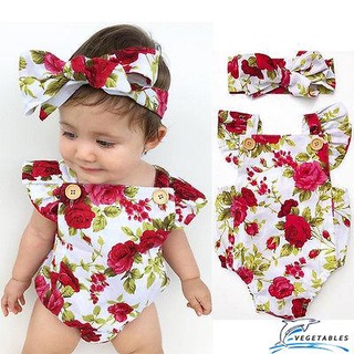 ZHY-Toddler Baby Girls Ruffle Sleeveless Romper Floral Square Collar Button Bodysuit + Headband
