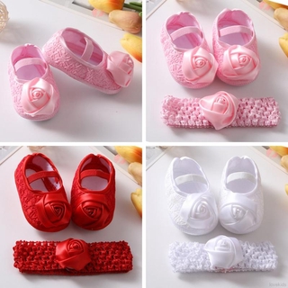 LOK04509 Infant Girls Baptism Shoes With Turban Baby Girl Satin Cloth Bowknot Princess Shoes Toddler Soft Sole Walking Shoes Headband Set