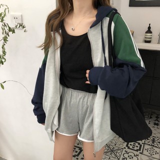 Korean Unisex Zipper Hoodie Jacket Stripe Stitching Oversize Sweater