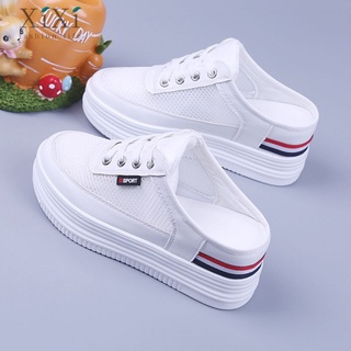 【Ready stock】Thick Crust Muffin nv tennis shoes2020Spring and Summer New Breathable Casual Shoes Women's Lightweight Inner Height Half-Drag White Shoes