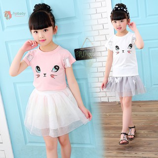 IU Kids Girls Summer Cute Cat T-Shirts+Net Veil Tutu Skirt