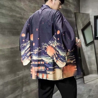 [COD] Summer Cardigan Thin Type Loose Kong Ming Lan Print Kimono Robe Seven-point Sleeve Vintage Style Men's Outwear Fashion Streatwear #20091701