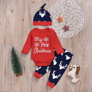 HOT Sale Newborn Infant Baby Christmas Letter Snowflake Romper Deer Pants Xmas Outfits