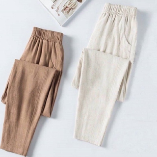 Ladies new ice silk imitation cotton and linen cropped trousers loose summer thin casual ankle belt pants radish pants
