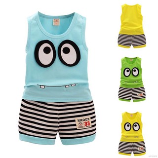 Baby Boy Girls Clothes Set Cotton Cartoon Vest+Stripe Shorts