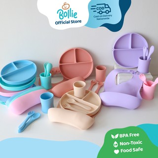 Bollie Baby Yogi 5pcs Silicone Feeding Set for Baby and Toddlers (Suction Plate, Bib,Spoon&Fork,Cup)