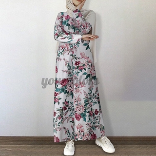 Women Pocket Printed Loose Long Sleeve Robe Striped Muslim Dress
