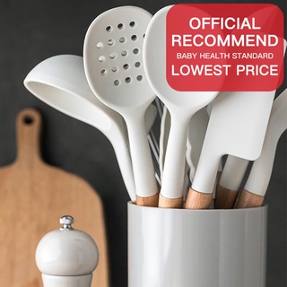 White Silicone Kitchenware Cooking Tool Utensils Set With Wooden Multifunction Handle Non-Stick Spatula Ladle Beaters 白色硅胶厨具 锅铲 汤勺 打蛋器 刮刀 硅胶锅铲 (1)