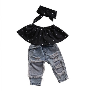Newborn Baby Girls Dot Wrapped Chest +Bog Hole Jeans Pants Outfits Clothing Set