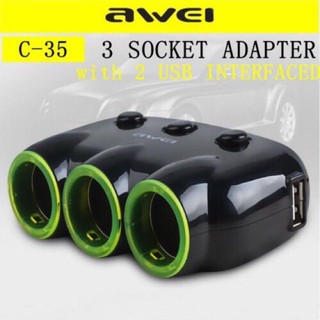 Original Awei C35 Car Charger 3 Socket Adaptor with 2 USB Ports