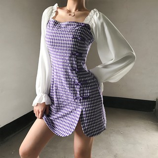 Best Selling Women's Clothes 2020 Cheongsam Improved Dress Court Retro Puff Sleeve Color-Contrast Check A- Line Skirt