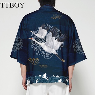2022 Loose Men Women Summer Crane Kimono Cardigan Japanese Streetwear Harajuku Beach Cosplay Haori