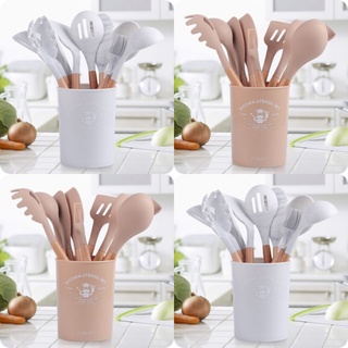Kitchen Silicone SET Cooking Utensils with Wooden Handle (Marble White and Khaki colors)