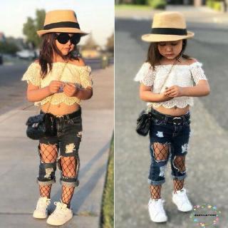 ღWSVღToddler Kids Baby Girls Off Shoulder Lace Tops+ Jeans