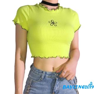 ❀ℳay-Women Short Sleeve Flower Embroidery Crop Top Ladies Summer Fashion Pullover Slim Tops