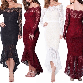 Sexy Women Long Sleeve Off Shoulder Lace Mermaid Cocktail Wedding Bodycon Dress